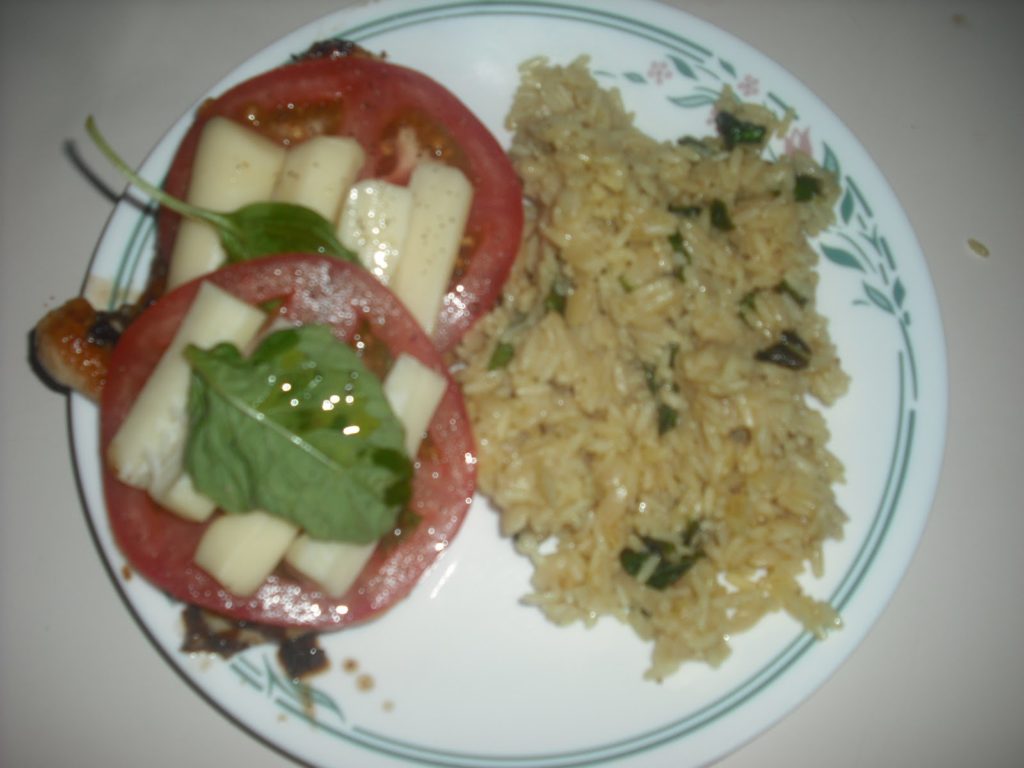 Balsamic Glazed Chicken with Smoked Mozzarella and Garlic Rice Pilaf