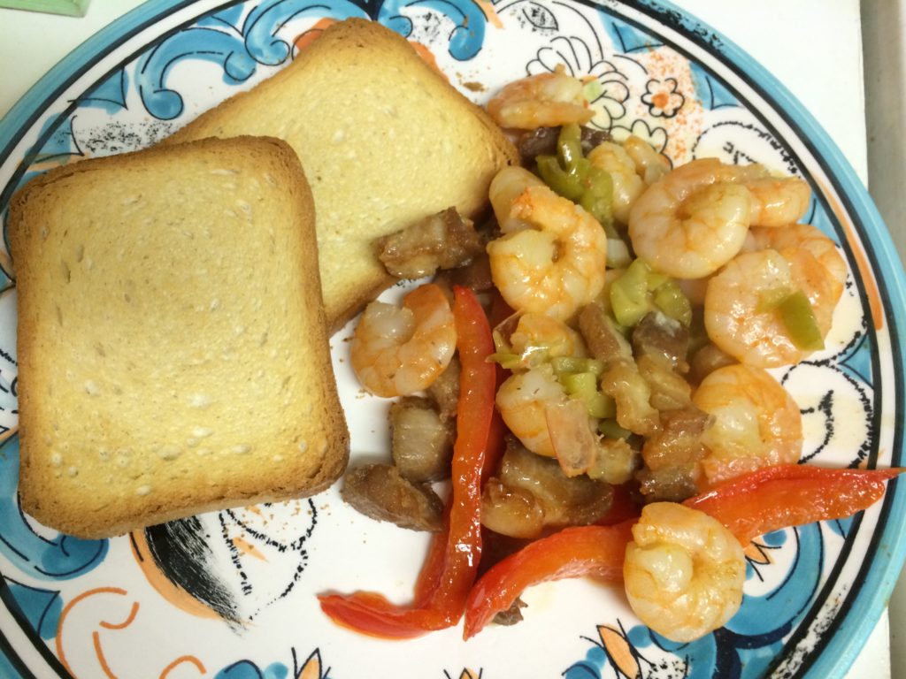 Sautéed Shrimp with Piquillos, Olives and Pork Belly