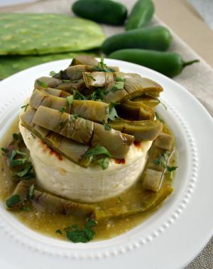 grilled panela cheese and green sauce with nopales