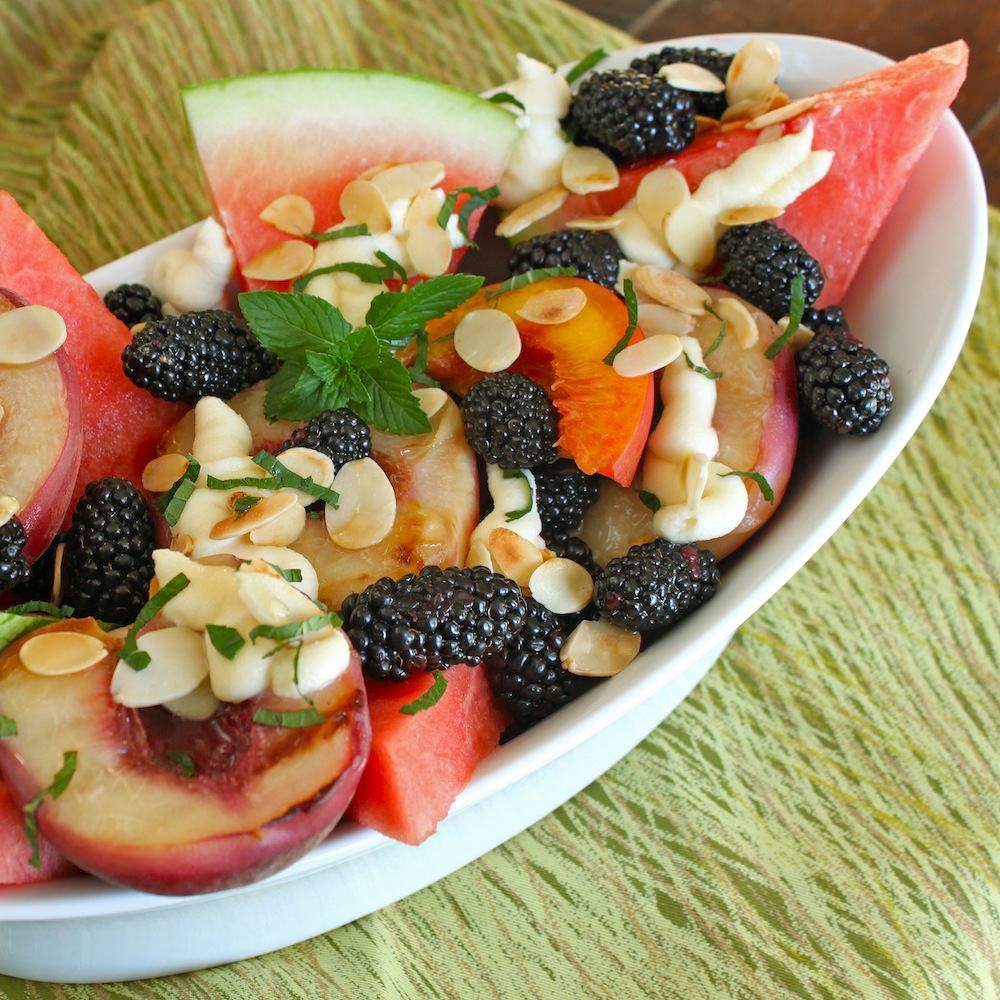 Grilled Peach, Watermelon and Blackberry Salad with Mascarpone Honey Dressing, Toasted Almonds and Mint